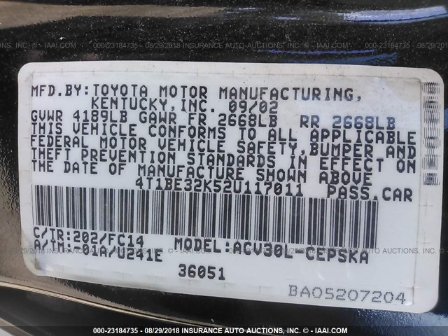 4T1BE32K52U117011 - 2002 TOYOTA CAMRY LE/XLE/SE Qara foto 9