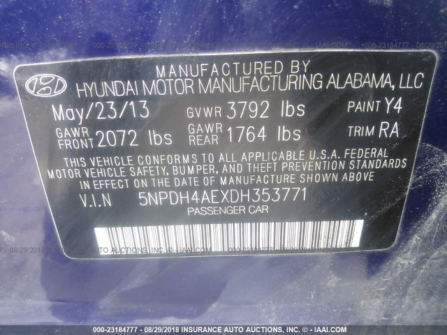 5NPDH4AEXDH353771 - 2013 HYUNDAI ELANTRA GLS/LIMITED BLUE photo 9