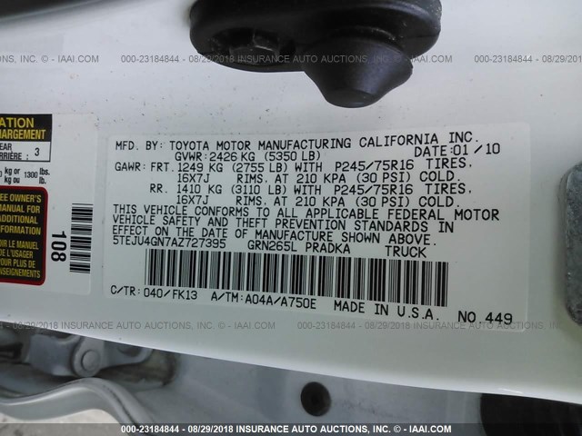 5TEJU4GN7AZ727395 - 2010 TOYOTA TACOMA DOUBLE CAB PRERUNNER WHITE photo 9