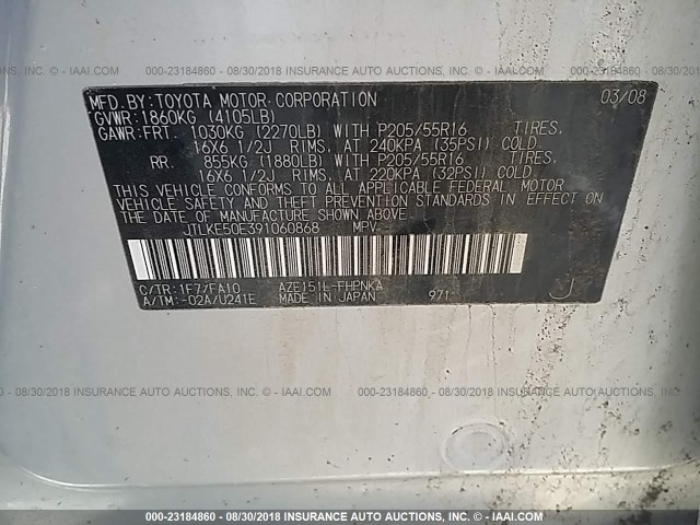 JTLKE50E391060868 - 2009 TOYOTA SCION XB Plata foto 9