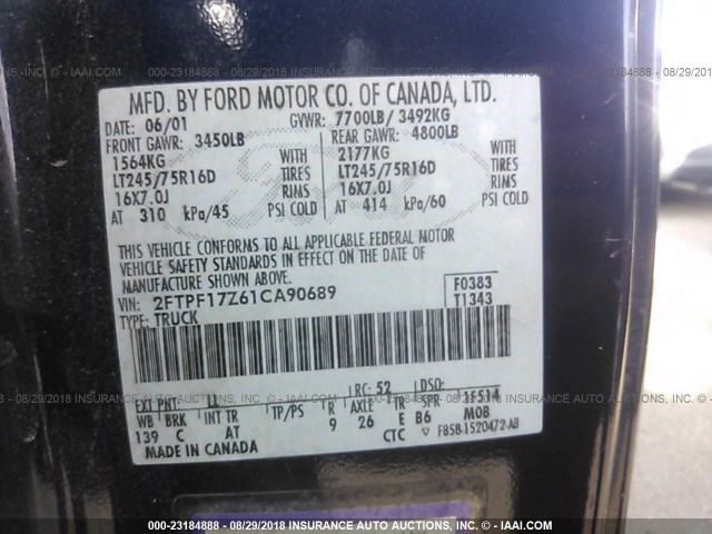 2FTPF17Z61CA90689 - 2001 FORD F150 PURPLE photo 9