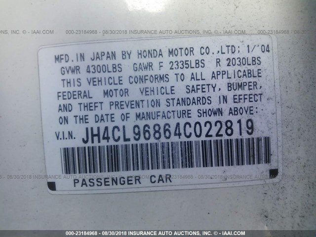 JH4CL96864C022819 - 2004 ACURA TSX WHITE photo 9