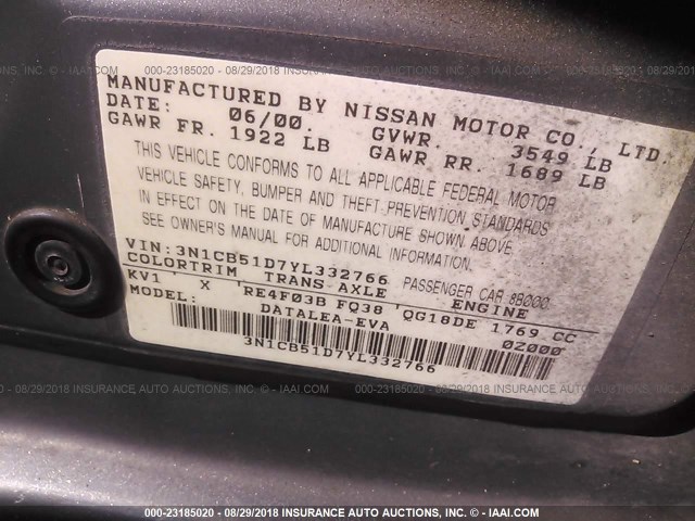 3N1CB51D7YL332766 - 2000 NISSAN SENTRA XE/GXE GRAY photo 9