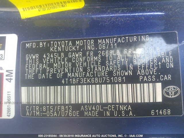 4T1BF3EK6BU751081 - 2011 TOYOTA CAMRY SE/LE/XLE ლურჯი ფოტო 9