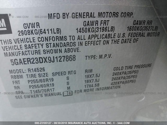 5GAER23DX9J127868 - 2009 BUICK ENCLAVE CXL 银色 照片 9