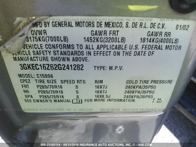 3GKEC16Z62G241282 - 2002 GMC YUKON XL C1500 SILVER photo 9