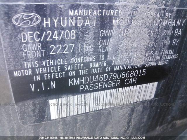 KMHDU46D79U668015 - 2009 HYUNDAI ELANTRA GLS/SE GRAY photo 9