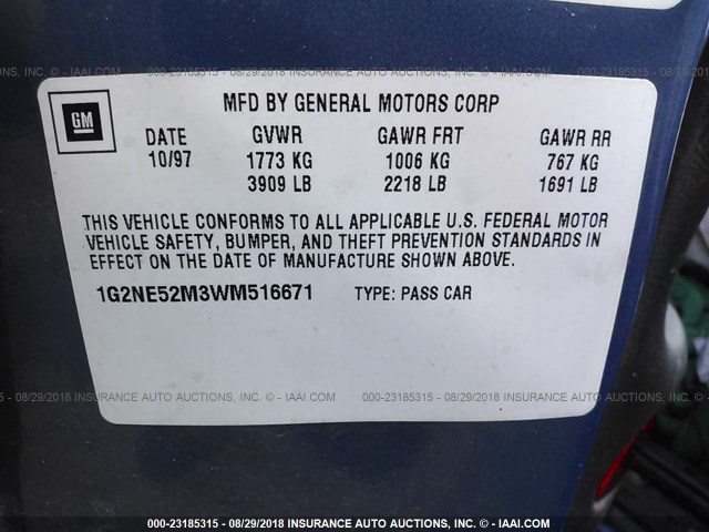 1G2NE52M3WM516671 - 1998 PONTIAC GRAND AM SE BLUE photo 9