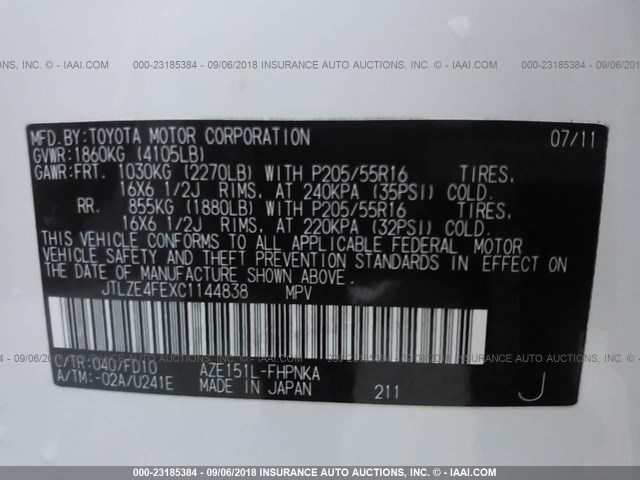 JTLZE4FEXC1144838 - 2012 TOYOTA SCION XB Blanco foto 9