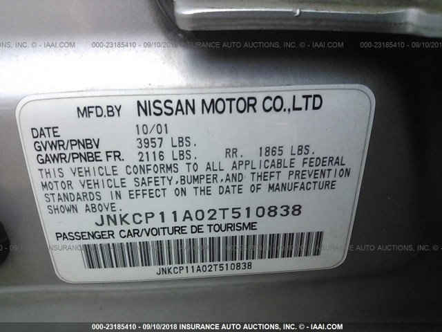 JNKCP11A02T510838 - 2002 INFINITI G20 SILVER photo 9