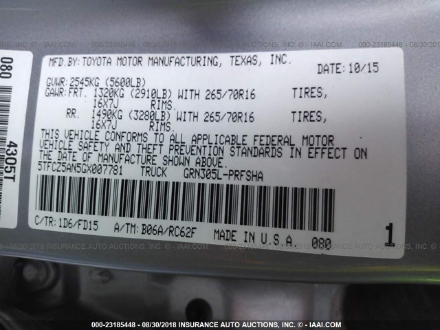 5TFCZ5AN5GX007781 - 2016 TOYOTA TACOMA DBL CAB/SR/SR5/TRD SPT/OR SILVER photo 9