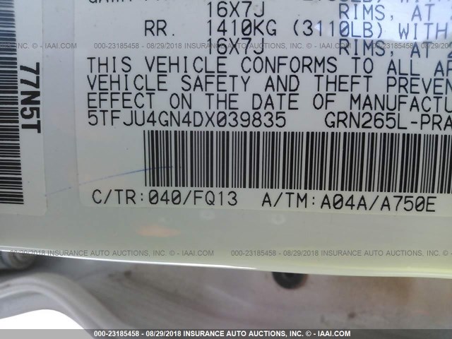 5TFJU4GN4DX039835 - 2013 TOYOTA TACOMA DOUBLE CAB PRERUNNER WHITE photo 9