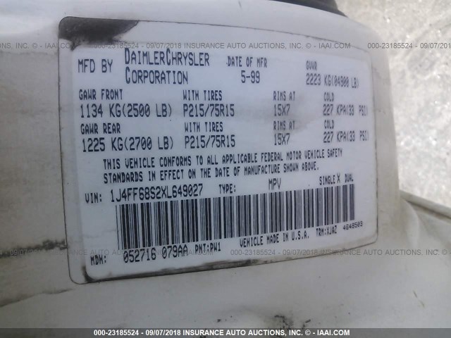 1J4FF68S2XL649027 - 1999 JEEP CHEROKEE SPORT/CLASSIC თეთრი ფოტო 9