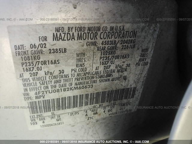 4F2YU08182KM60633 - 2002 MAZDA TRIBUTE LX/ES 灰色 照片 9