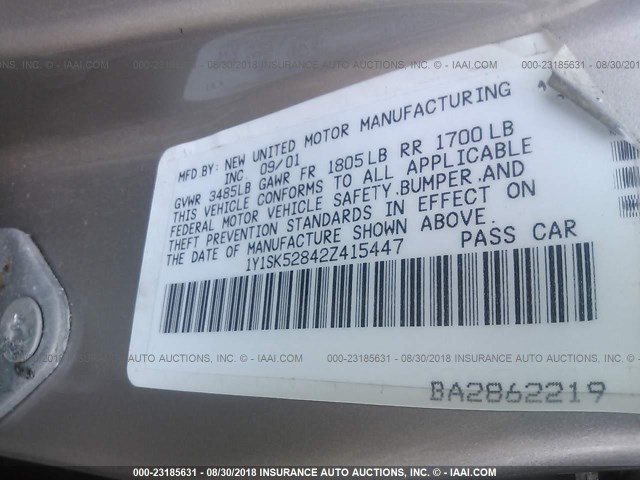 1Y1SK52842Z415447 - 2002 CHEVROLET GEO PRIZM LSI BEIGE photo 9