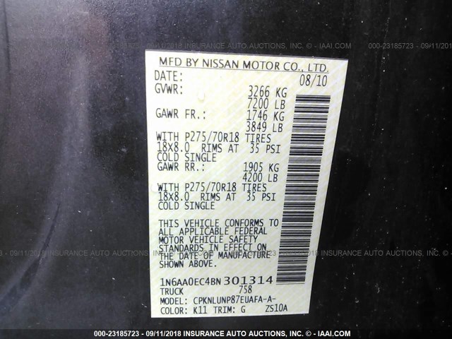 1N6AA0EC4BN301314 - 2011 NISSAN TITAN S/SV/SL/PRO-4X GRAY photo 9