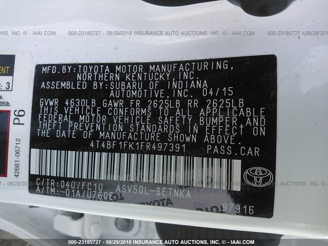 4T4BF1FK1FR497391 - 2015 TOYOTA CAMRY LE/XLE/SE/XSE 白色 照片 9