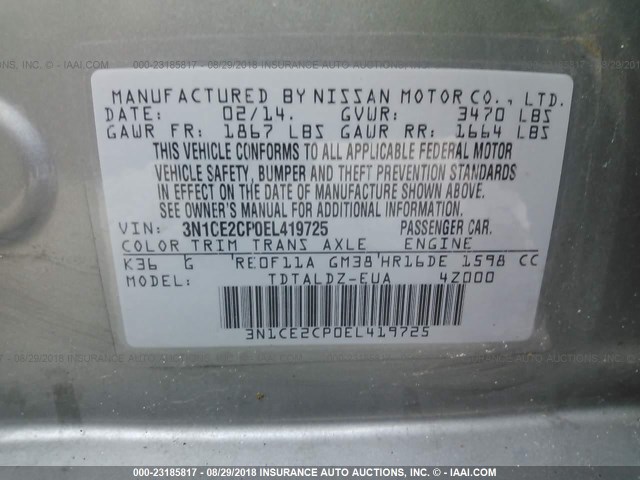 3N1CE2CP0EL419725 - 2014 NISSAN VERSA NOTE S/S PLUS/SV/SL GRAY photo 9