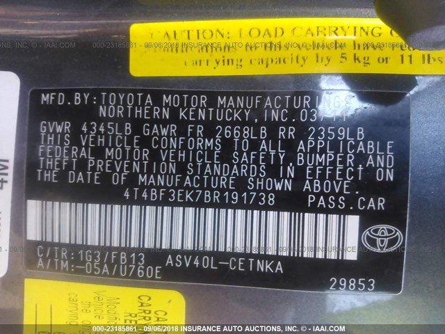 4T4BF3EK7BR191738 - 2011 TOYOTA CAMRY SE/LE/XLE 绿色 照片 9