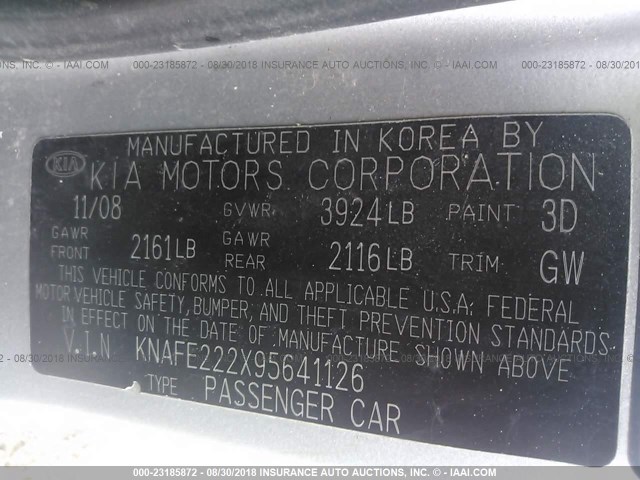 KNAFE222X95641126 - 2009 KIA SPECTRA EX/LX/SX SILVER photo 9