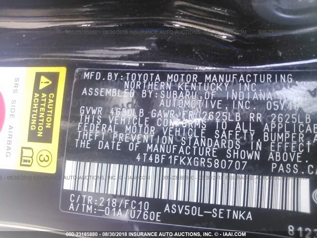 4T4BF1FKXGR580707 - 2016 TOYOTA CAMRY LE/XLE/SE/XSE 黑色 照片 9