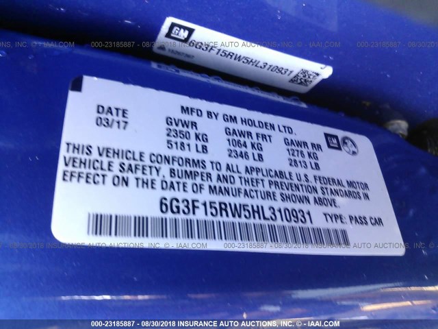 6G3F15RW5HL310931 - 2017 CHEVROLET SS BLUE photo 9