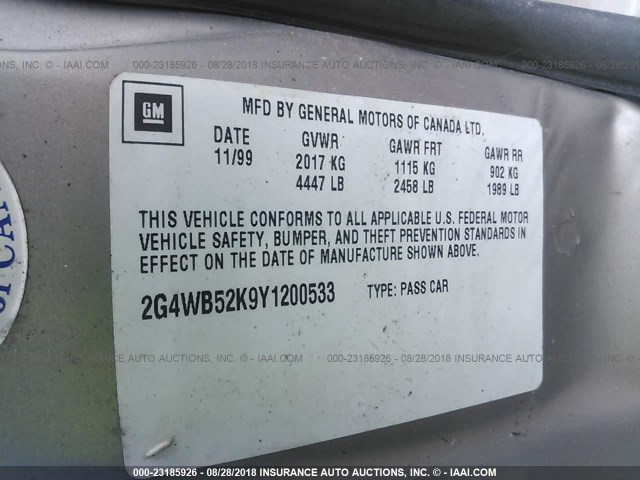 2G4WB52K9Y1200533 - 2000 BUICK REGAL LS TAN photo 9