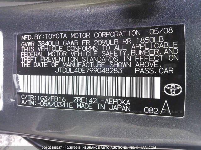 JTDBL40E799048283 - 2009 TOYOTA COROLLA LE/XLE GRAY photo 9