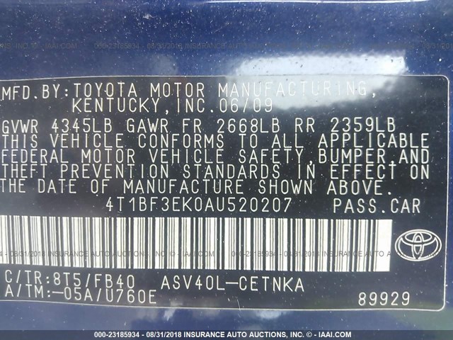4T1BF3EK0AU520207 - 2010 TOYOTA CAMRY SE/LE/XLE BLUE photo 9