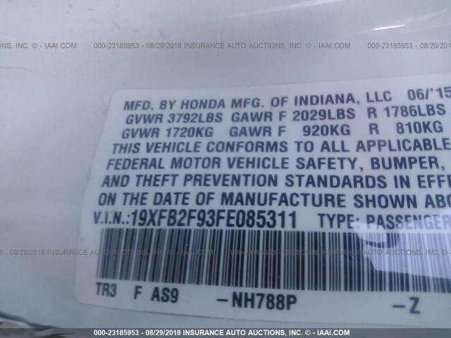 19XFB2F93FE085311 - 2015 HONDA CIVIC EXL 白色 照片 9