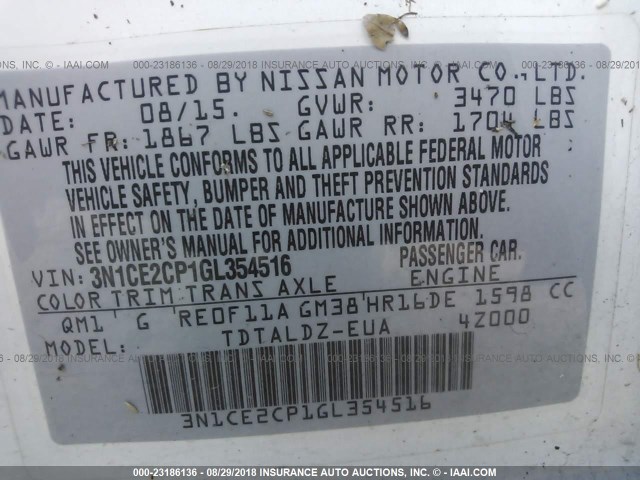 3N1CE2CP1GL354516 - 2016 NISSAN VERSA NOTE S/S PLUS/SV/SL/SR WHITE photo 9