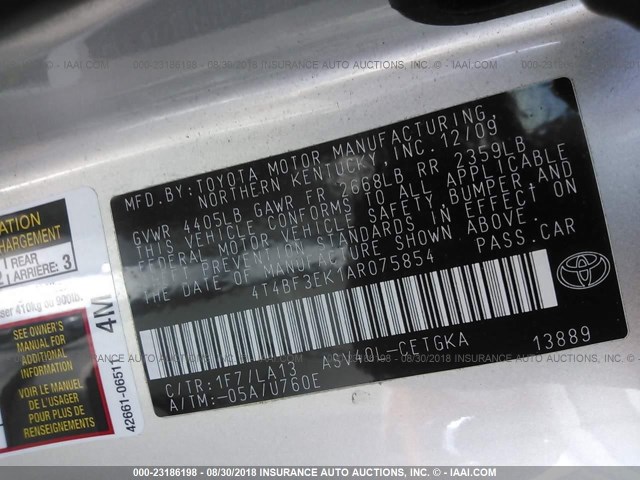 4T4BF3EK1AR075854 - 2010 TOYOTA CAMRY SE/LE/XLE 银色 照片 9