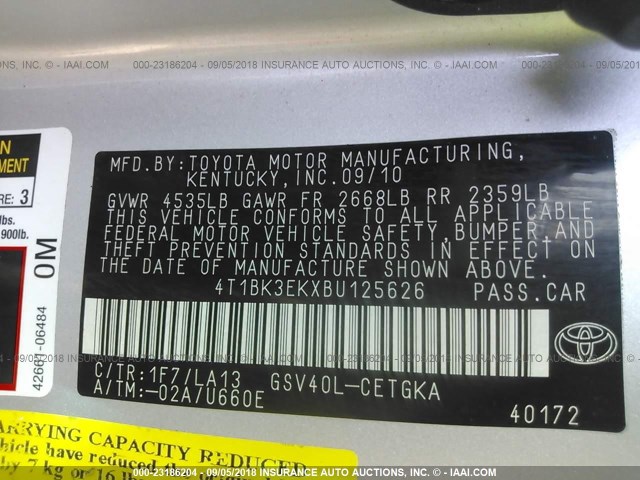 4T1BK3EKXBU125626 - 2011 TOYOTA CAMRY SE/LE/XLE ვერცხლისფერი ფოტო 9