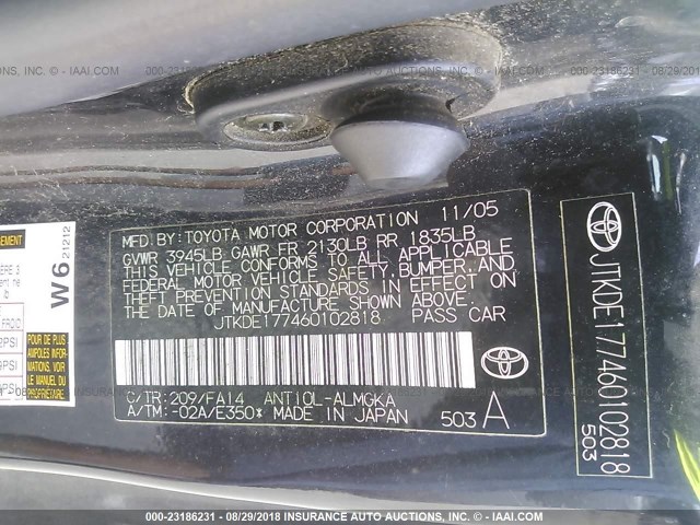 JTKDE177460102818 - 2006 TOYOTA SCION TC შავი ფოტო 9