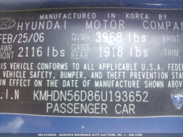 KMHDN56D86U193652 - 2006 HYUNDAI ELANTRA GLS/GT/LIMITED BLUE photo 9