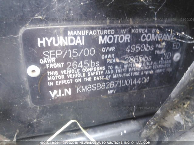 KM8SB82B71U014404 - 2001 HYUNDAI SANTA FE BLACK photo 9