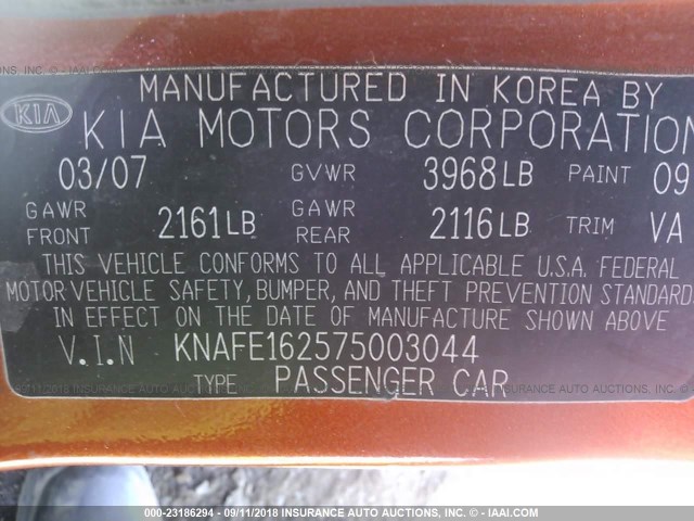 KNAFE162575003044 - 2007 KIA SPECTRA5 SX ORANGE photo 9