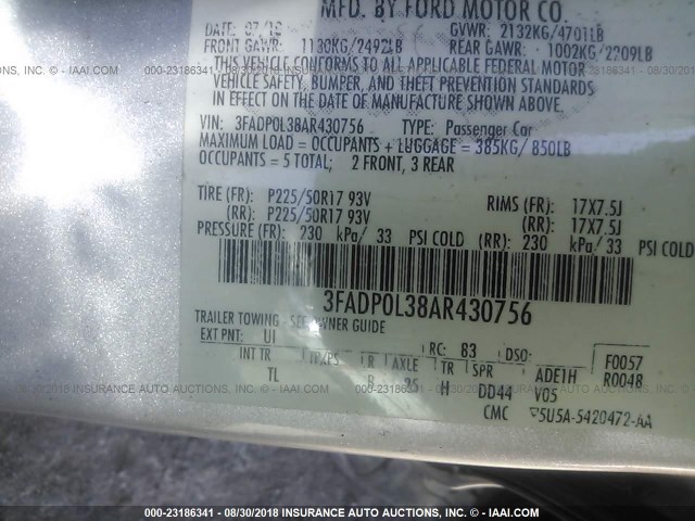 3FADP0L38AR430756 - 2010 FORD FUSION HYBRID SILVER photo 9