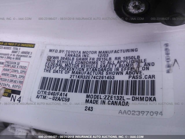 2T1KR32E74C261453 - 2004 TOYOTA COROLLA MATRIX XR WHITE photo 9