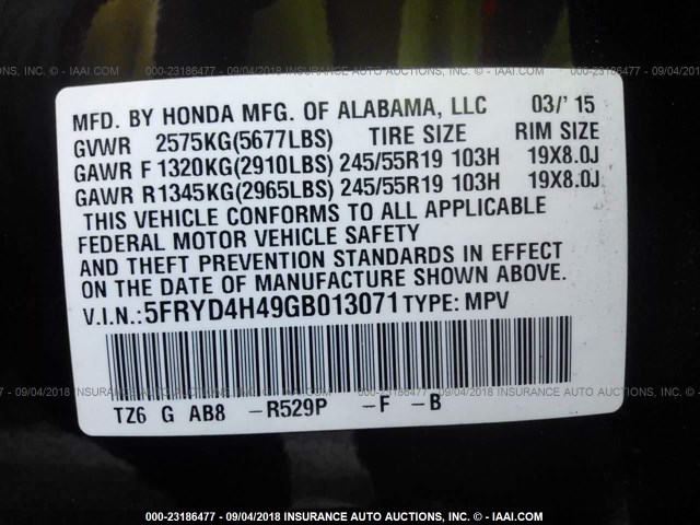 5FRYD4H49GB013071 - 2016 ACURA MDX TECHNOLOGY BURGUNDY photo 9