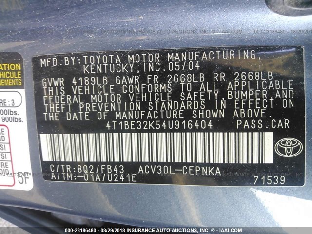 4T1BE32K54U916404 - 2004 TOYOTA CAMRY LE/XLE/SE BLUE photo 9
