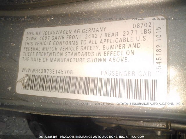 WVWWH63B73E145708 - 2003 VOLKSWAGEN PASSAT GLX GRAY photo 9