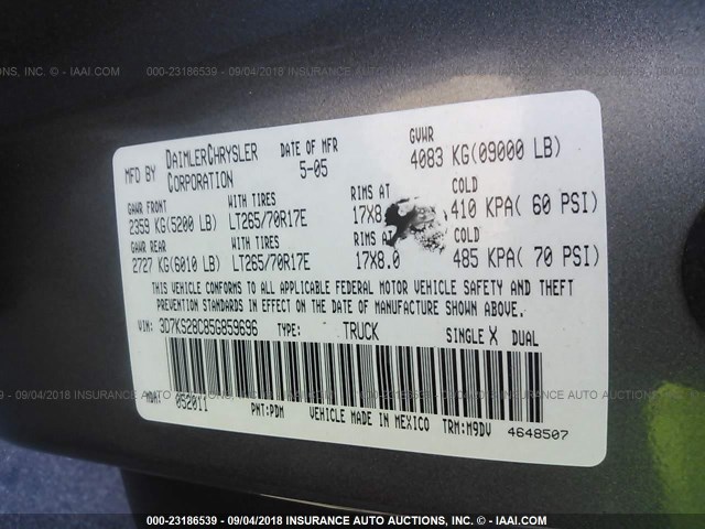 3D7KS28C85G859696 - 2005 DODGE RAM 2500 ST/SLT 灰色 照片 9