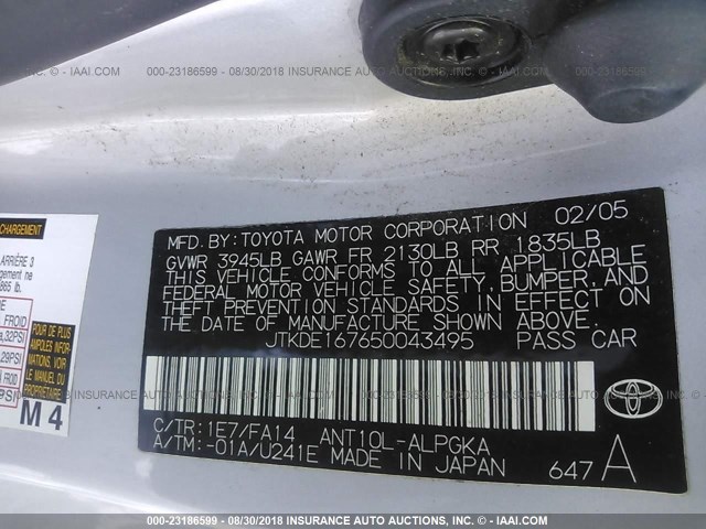 JTKDE167650043495 - 2005 TOYOTA SCION TC 银色 照片 9