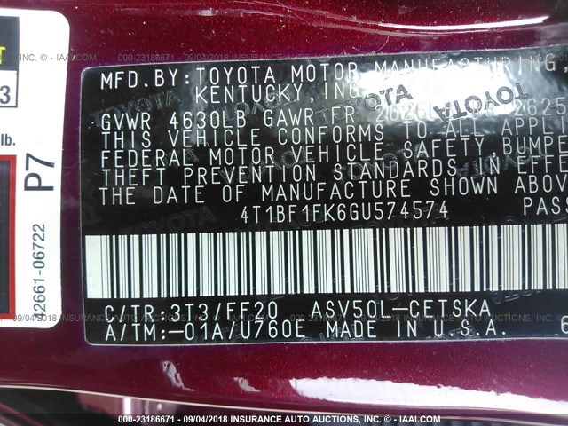 4T1BF1FK6GU574574 - 2016 TOYOTA CAMRY LE/XLE/SE/XSE 红色 照片 9