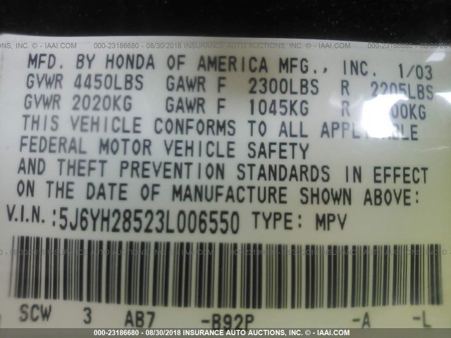 5J6YH28523L006550 - 2003 HONDA ELEMENT EX BLACK photo 9