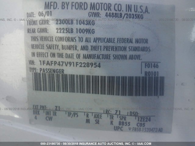 1FAFP47V91F228954 - 2001 FORD MUSTANG COBRA SVT WHITE photo 9