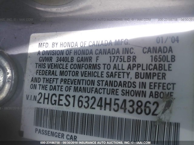 2HGES16324H543862 - 2004 HONDA CIVIC DX VP 银色 照片 9