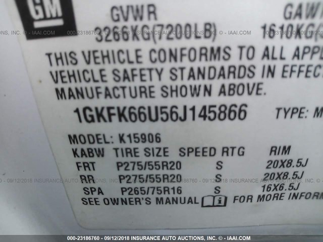 1GKFK66U56J145866 - 2006 GMC YUKON XL DENALI WHITE photo 9