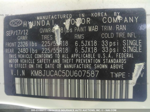KM8JUCAC5DU607587 - 2013 HYUNDAI TUCSON GLS/LIMITED 白色 照片 9